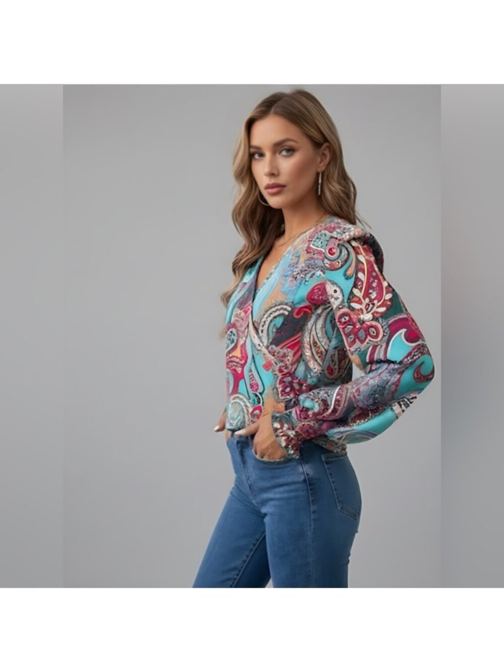 Paisley Print Flounce Sleeve Blouse - Picture 3 of 10